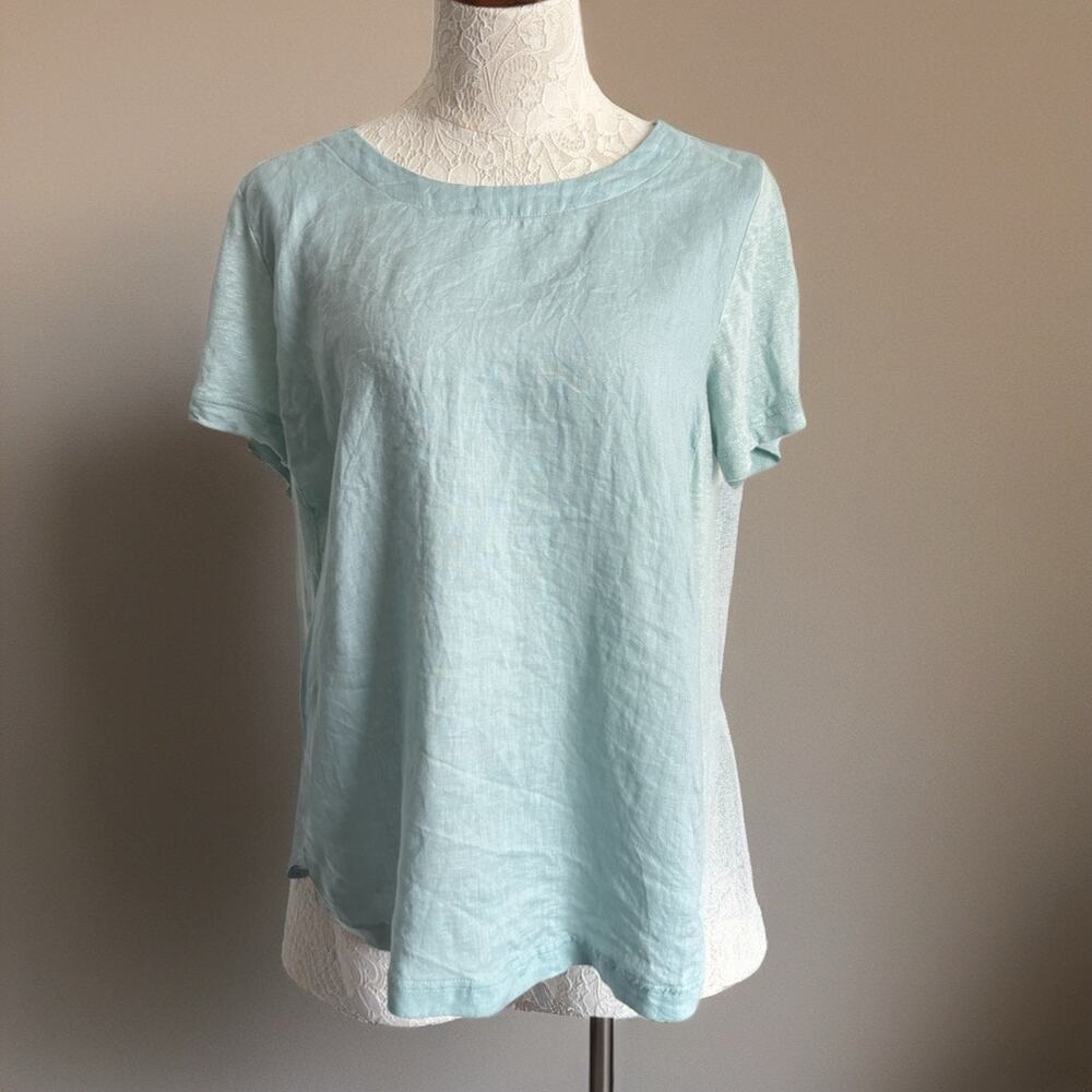 J Jill Love Linen aqua short sleeve top medium coastal grandma cottagecore